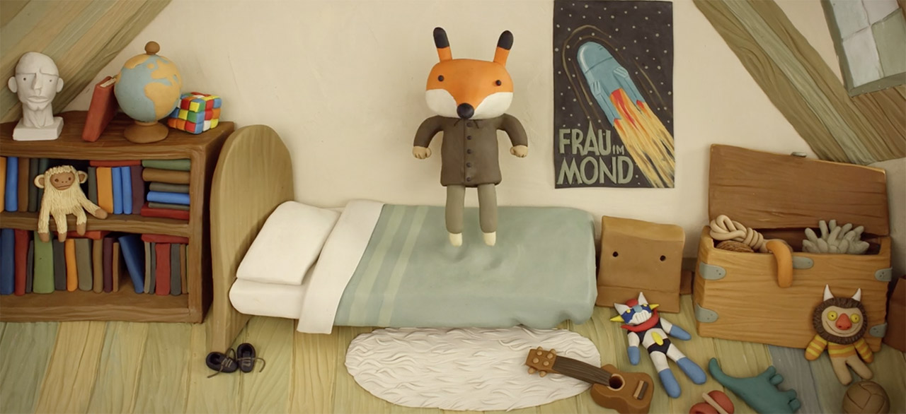 anthropomorphic fox jumping on bed