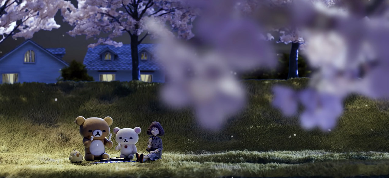 Woman and large cute bear characters having a picnic