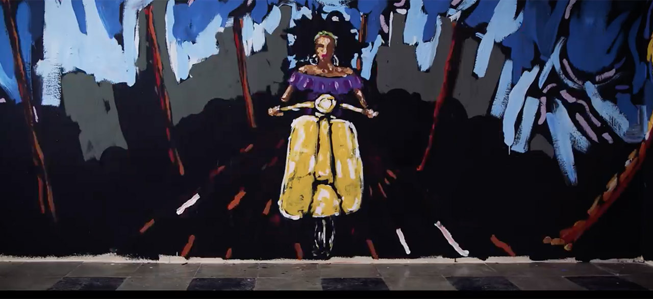 peinture à l'huile d'une femme faisant du cyclomoteur